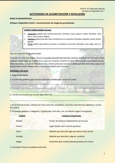 LENGUA Y LITERATURA 1° AÑO - UNIDAD DIAGNOSTICA